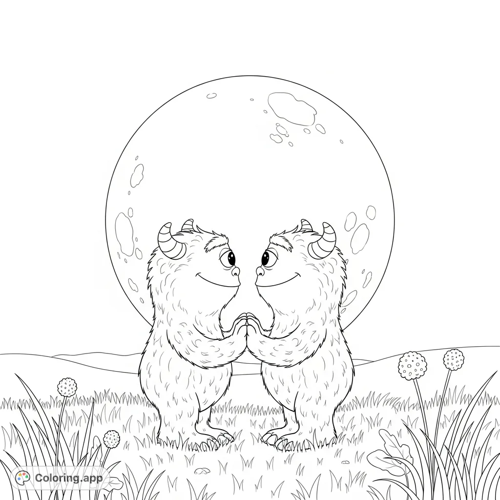 An adorable fuzzy monsters coloring page featuring two friendly creatures sharing a tender moment under a full moon in a serene meadow, perfect for all ages.
