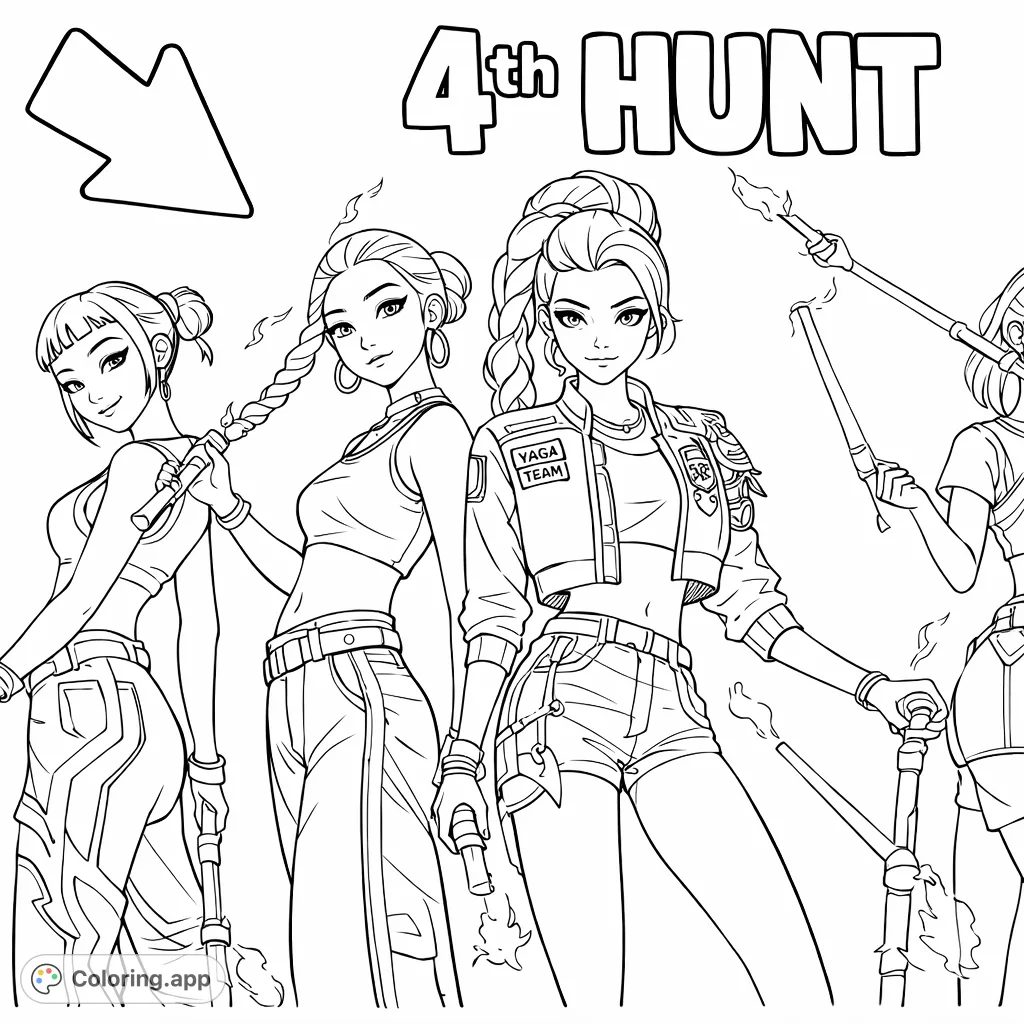 Four fashion-forward characters with unique hairstyles wielding stylized swords, ready for adventure. A captivating scene for aspiring artists!