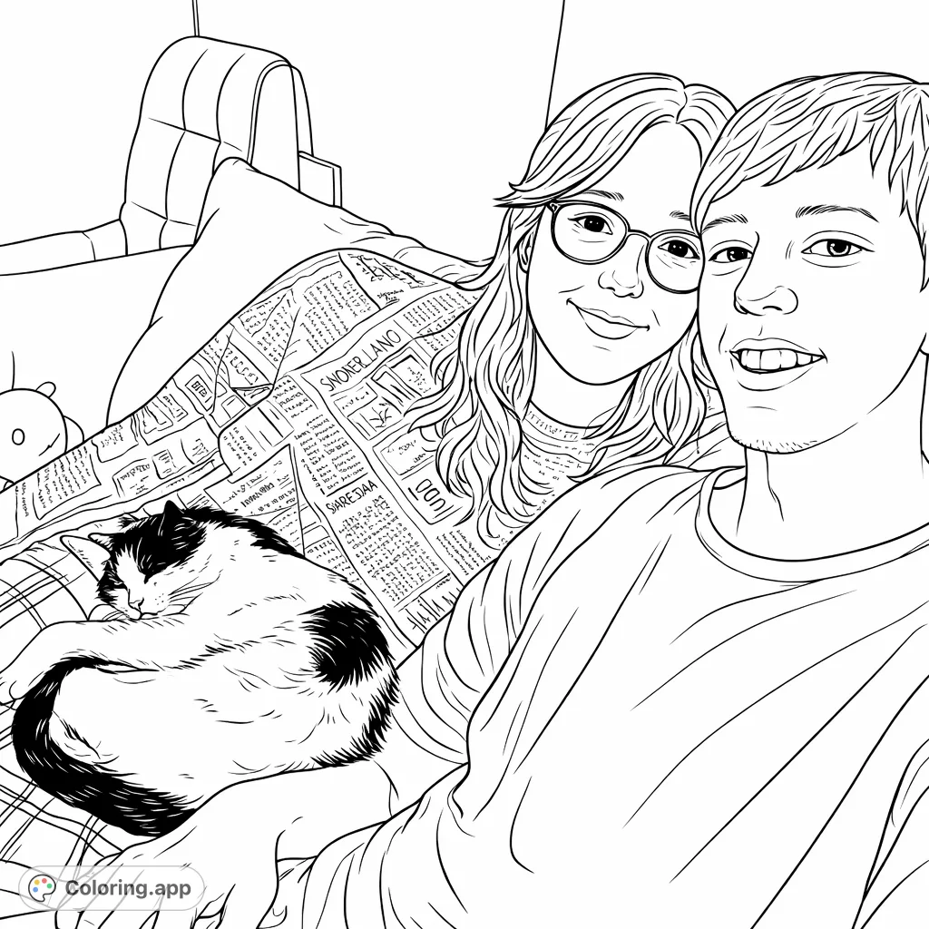 A heartwarming couple with their beloved pet cat, relaxing together on a cozy sofa. A perfect family moment for a delightful coloring experience.