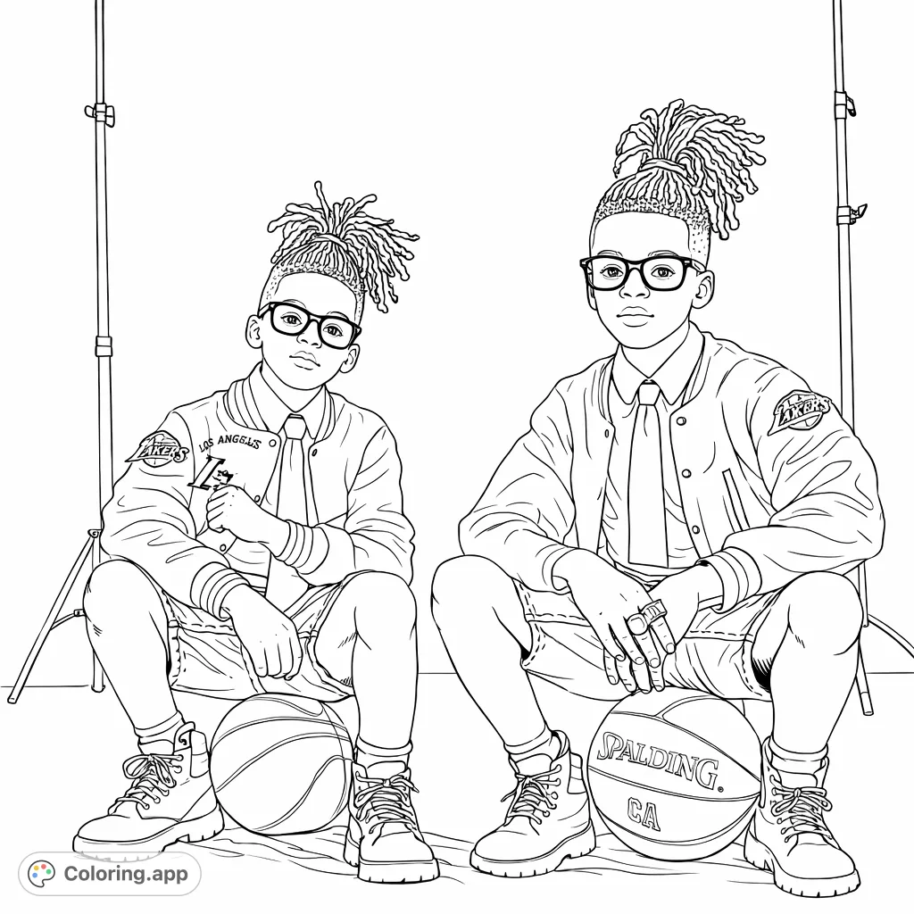 Two fashionable youths in varsity jackets and glasses pose confidently with basketballs. A dynamic and cool scene for sports and fashion enthusiasts.