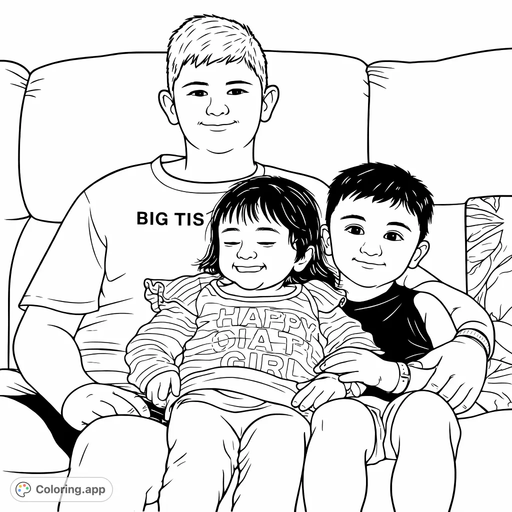 Capture heartwarming family moments with this free printable children and siblings coloring page, featuring three joyful kids sharing a cozy couch.