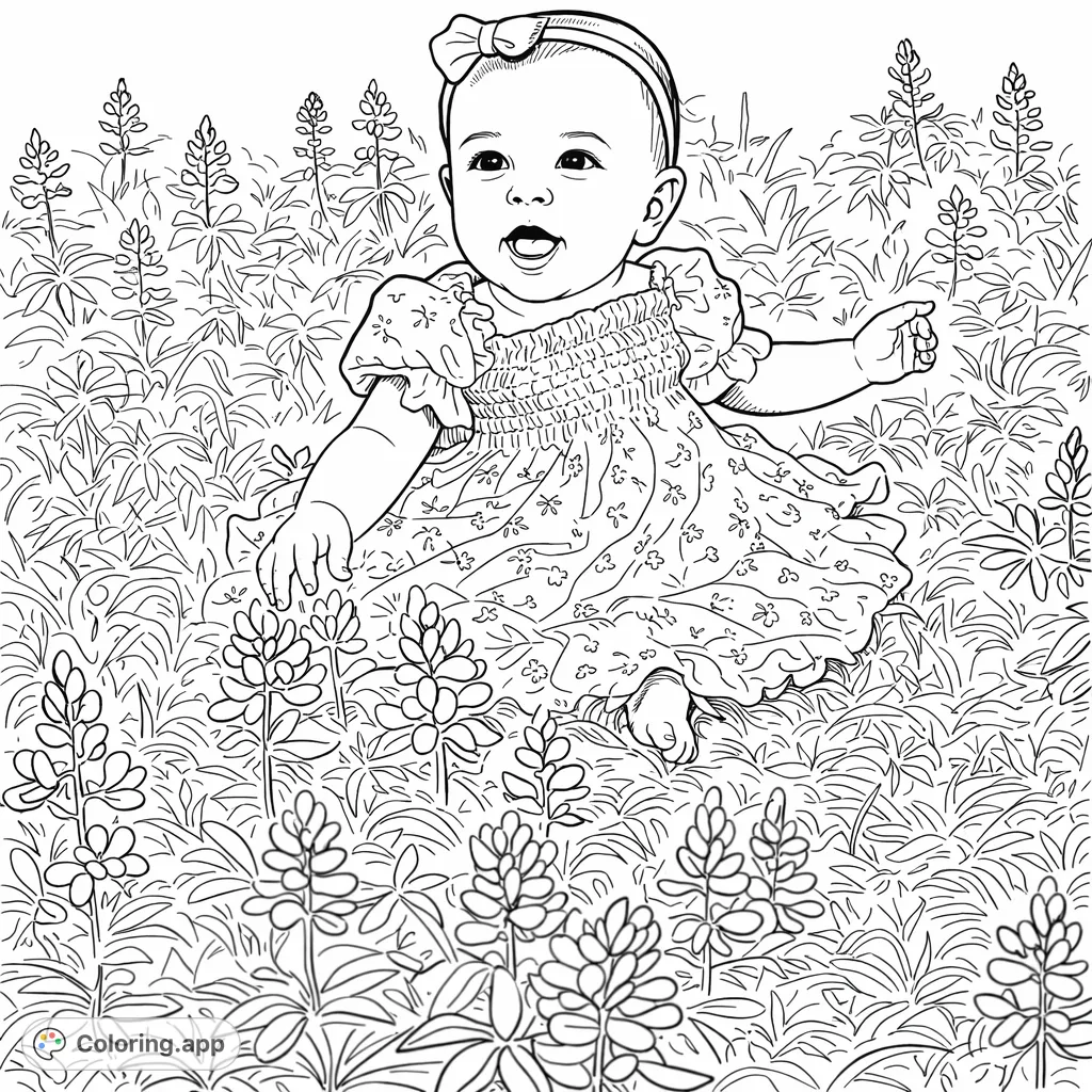 A delightful baby sits in a field of delicate wildflowers, wearing a pretty patterned dress and a bow. Capture this charming outdoor scene with your favorite colors.