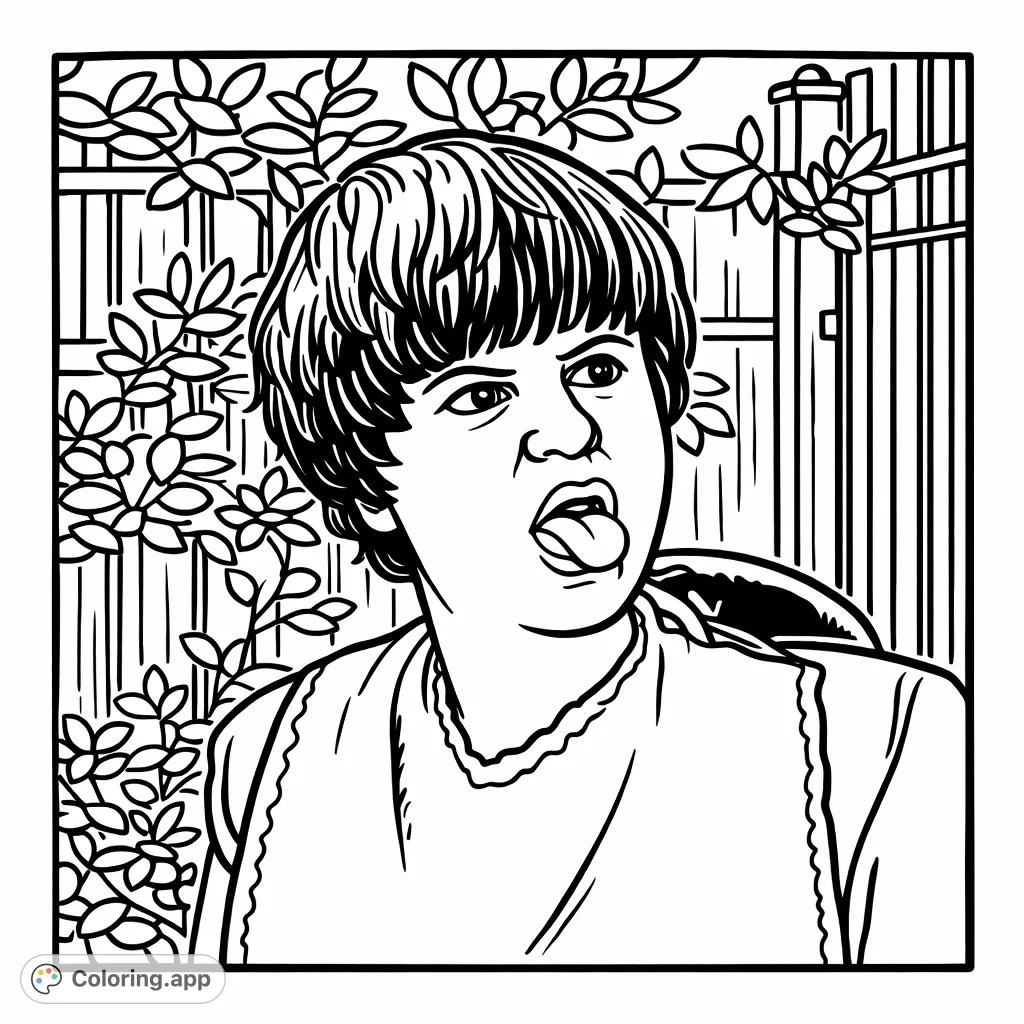 A unique portrait of a young person outdoors, featuring a playful expression and textured hair. Perfect for a cartoony style coloring page.