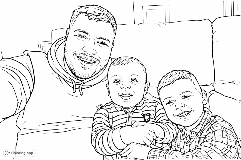 Capture heartwarming family moments with this endearing coloring page featuring a man and his two children smiling together on a cozy couch.