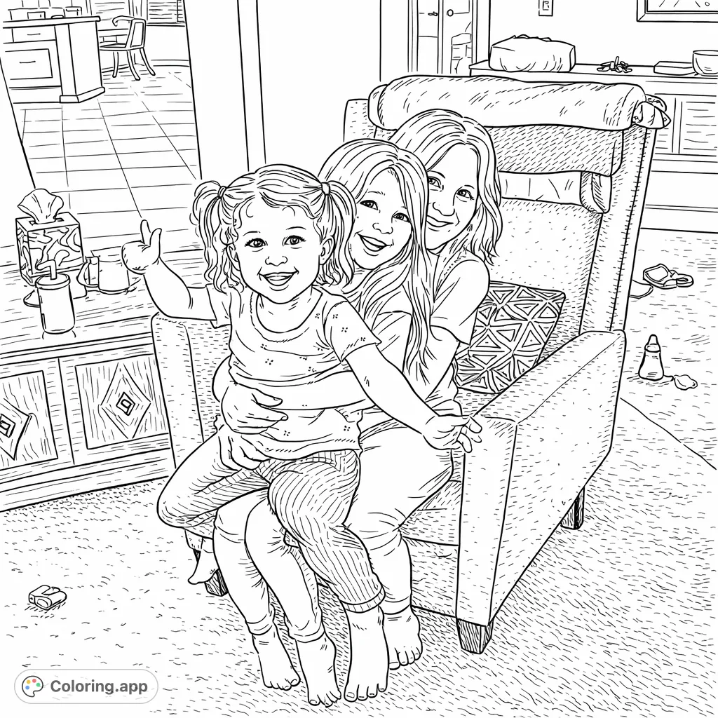 Capture a heartwarming family moment with an adult and two children sharing a joyful hug in an armchair. A delightful scene for all ages to personalize.