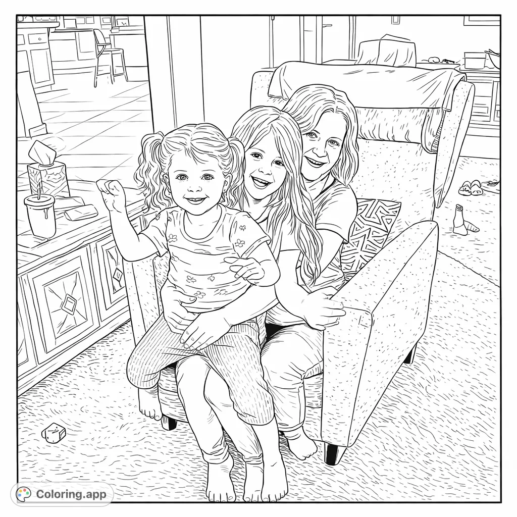 Capture a heartwarming scene of a family trio sharing a joyful moment. This free printable family coloring page features smiling faces and cozy details.