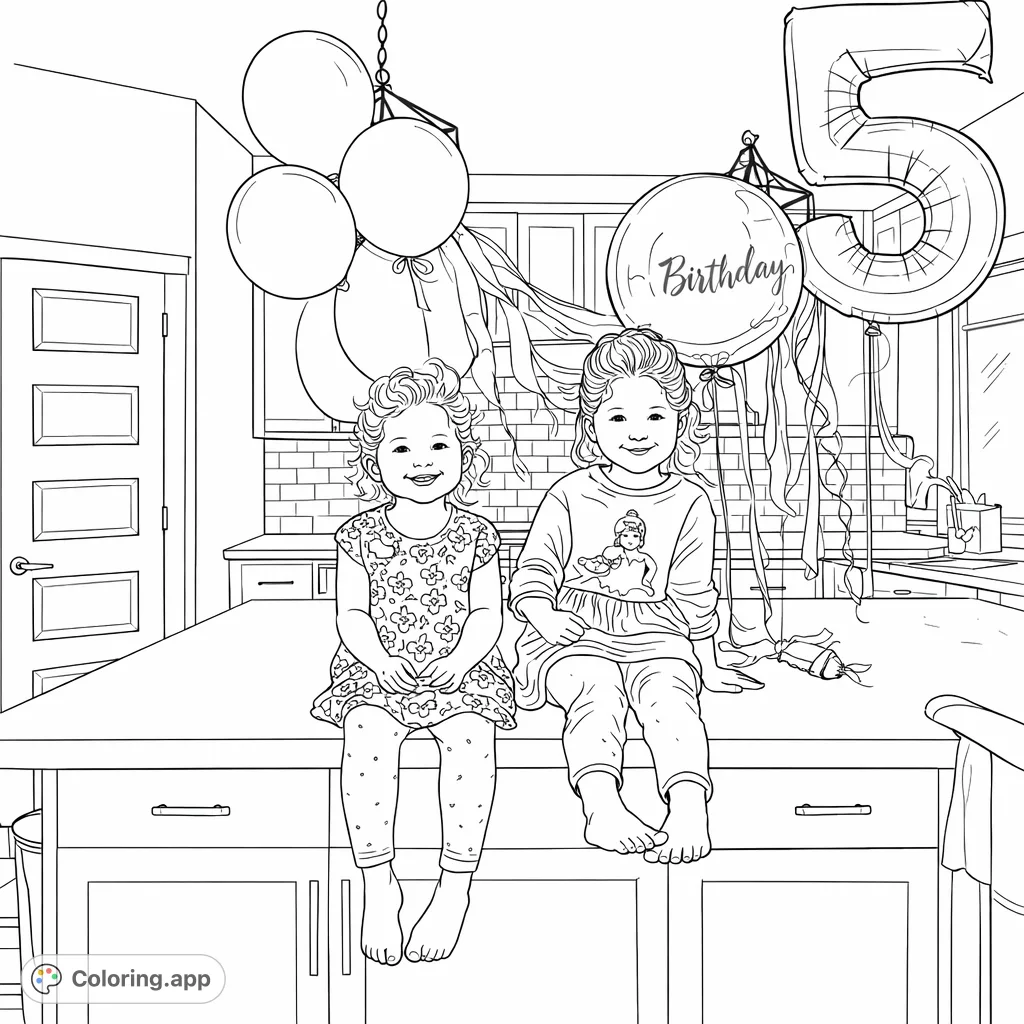 Two smiling sisters celebrate a birthday on a kitchen island, surrounded by festive balloons and streamers. A charming scene perfect for a birthday coloring page.