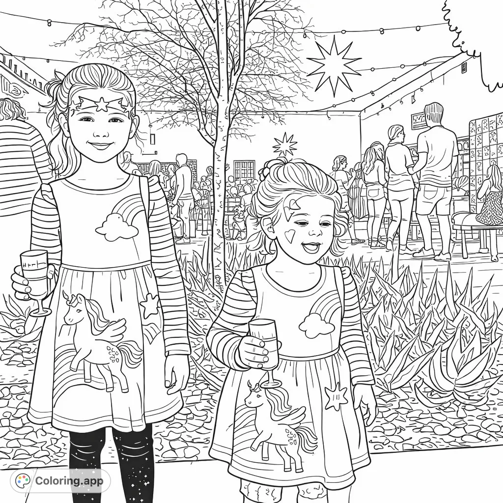 Two cheerful girls in unicorn and rainbow dresses, featuring fun face paint, enjoy an outdoor gathering. Perfect for a festive and imaginative coloring experience!