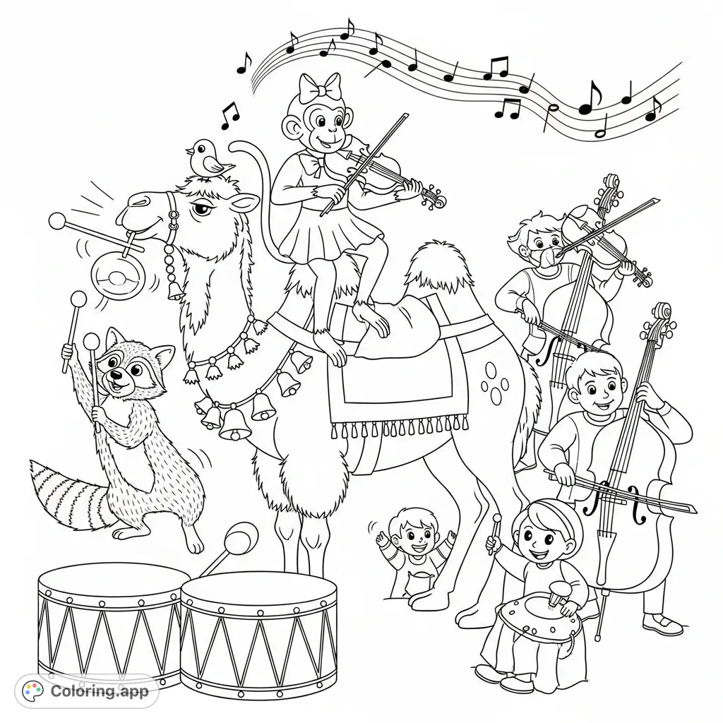 A delightful animal orchestra plays lively music! Features a monkey on a camel, a raccoon, a child, and various instruments.