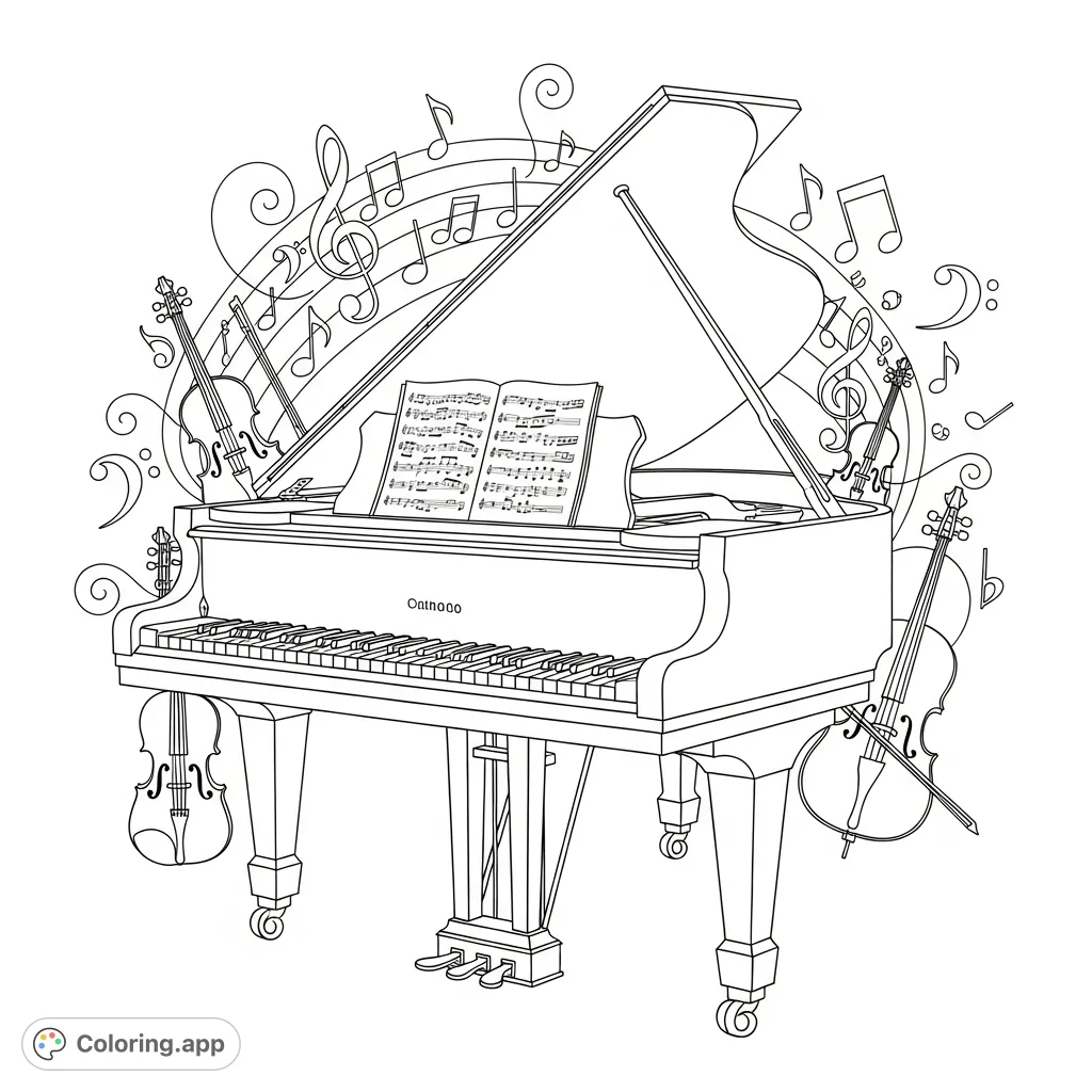 Immerse yourself in the elegance of this majestic grand piano coloring page, featuring intricate details, musical notation, and floating decorative notes for a truly symphonic coloring experience.