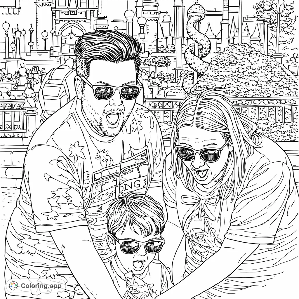 Join a family's exciting moment at a magical castle park! This page captures joy and wonder, perfect for bringing a themed adventure to life with your colors.