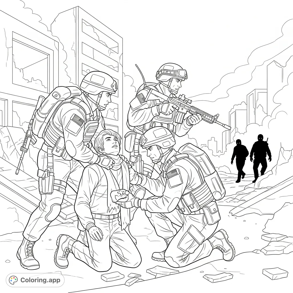 An action-packed scene where heroic army soldiers in tactical gear bravely rescue civilians from retreating adversaries amidst a detailed urban conflict zone.