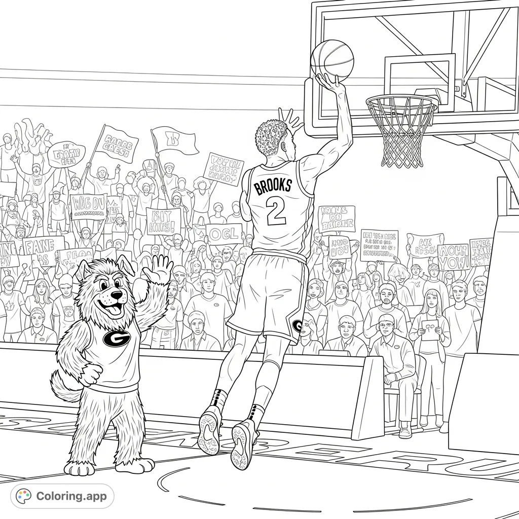 Experience the thrill of UGA basketball! Color a dynamic scene with player Brooks shooting, Hairy Dog mascot, and an energetic crowd with signs and flags.