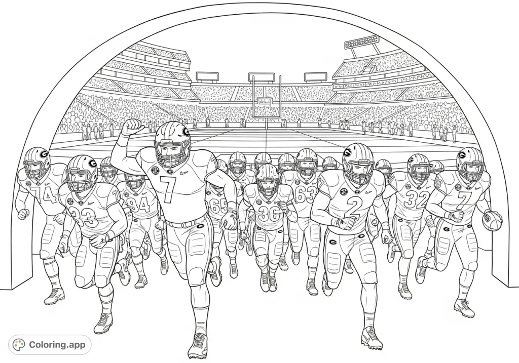 Experience the thrill of game day with this dynamic University of Georgia Football team coloring page, featuring players bursting from the stadium tunnel.