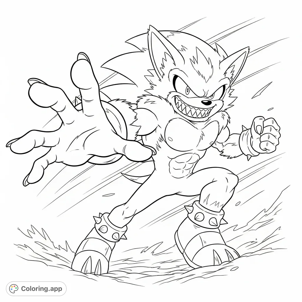 Unleash your creativity with this dynamic Werehog coloring page! Featuring a fierce, spiky creature in a powerful lunge with a menacing grin.