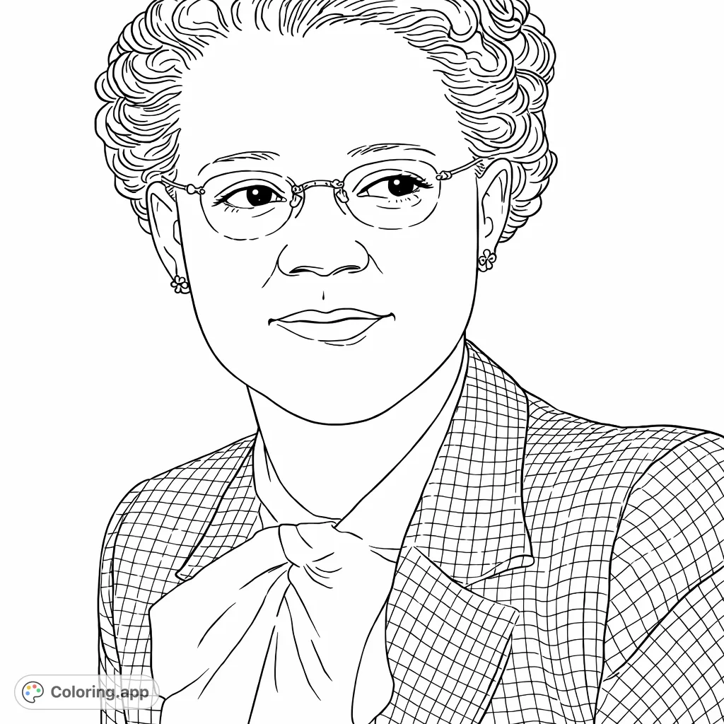 Color an elegant portrait featuring a distinguished woman with delicate glasses, a patterned blazer, and a prominent, soft bow.