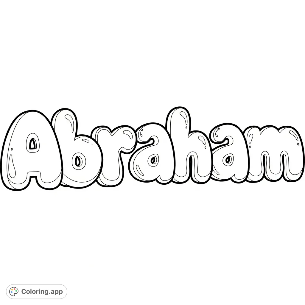 A fun and inviting Abraham coloring page featuring large, plump bubble letters with a three-dimensional effect, ready for creative coloring.