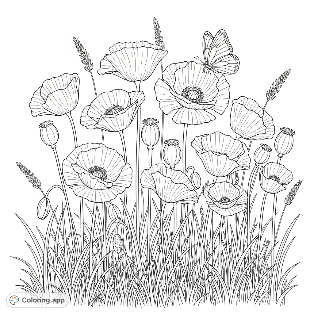 Discover a beautiful poppies coloring page. A delicate butterfly flits among graceful poppies swaying in a serene meadow, offering a peaceful nature scene for all ages.
