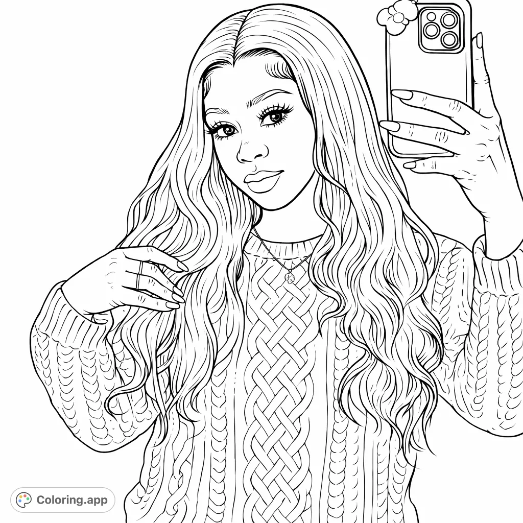Capture a stylish moment with this selfie coloring page featuring a person in a detailed cable knit sweater and flowing hair. Perfect for fashion enthusiasts.