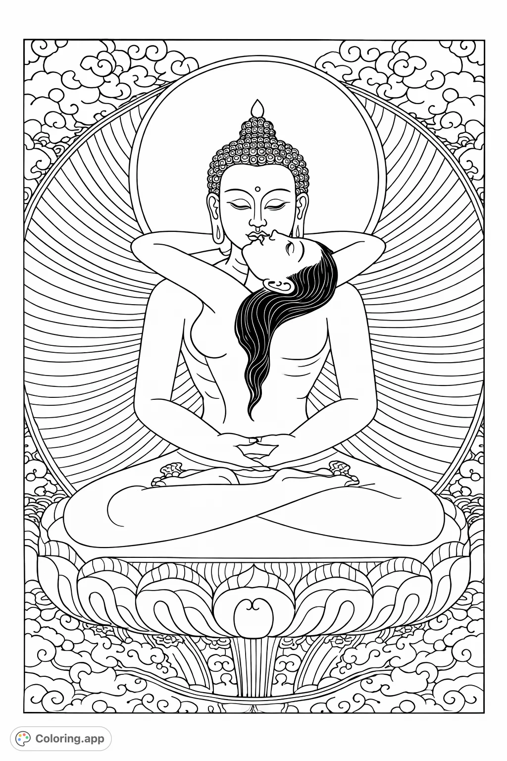 A profound Buddhist Tantric union scene, depicting two figures in a sacred embrace on a lotus throne. Intricate details for a meditative coloring experience.