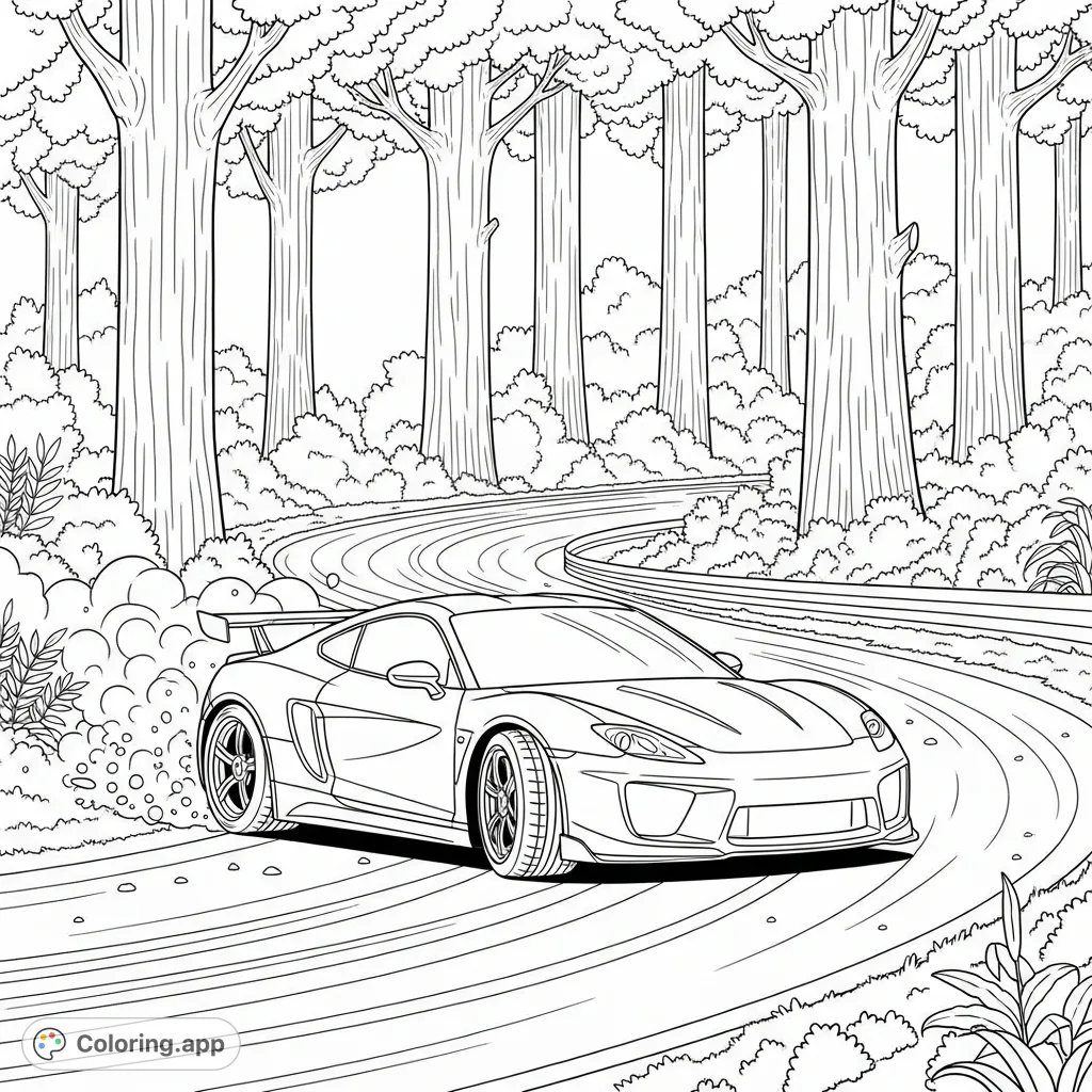 Experience the thrill of a sport car drifting through a dense forest in this dynamic coloring page, perfect for automotive enthusiasts and nature lovers.