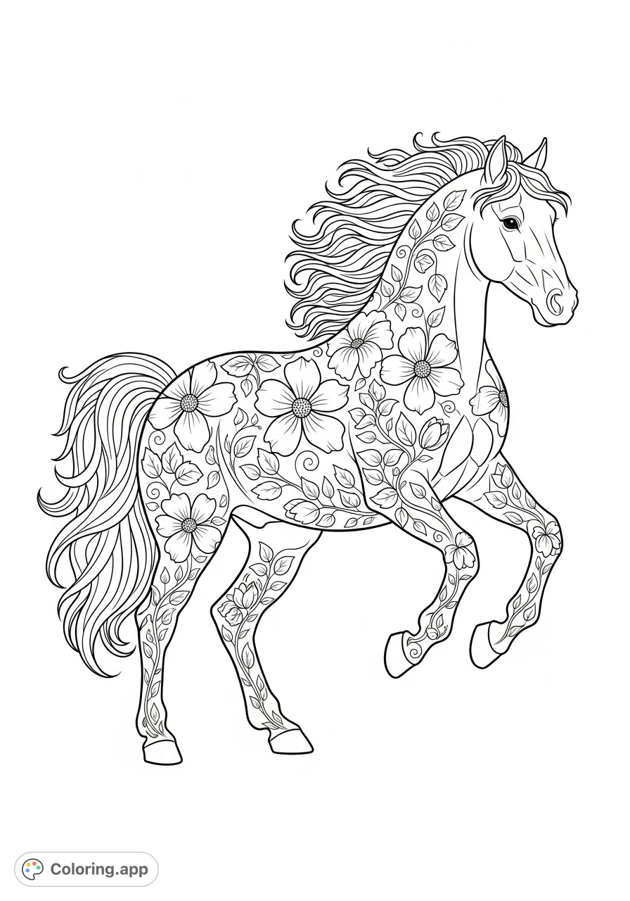 An exquisite horse in a graceful prance, adorned with intricate blossoms, swirling vines, and detailed fall foliage. A stunning, realistic animal and nature coloring page.