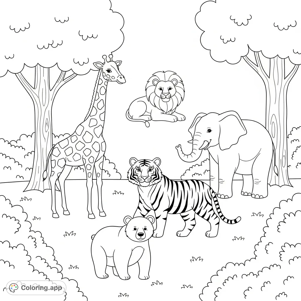 Discover a charming forest scene with five delightful wild animals – giraffe, bear, elephant, tiger, and lion – ready for a splash of imagination!