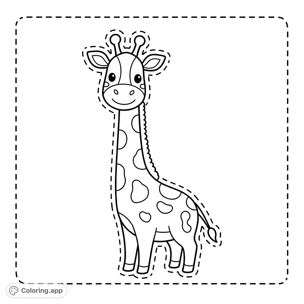 A cute, simple giraffe coloring page with a dashed outline for scissor practice. Perfect for young children to color and cut.