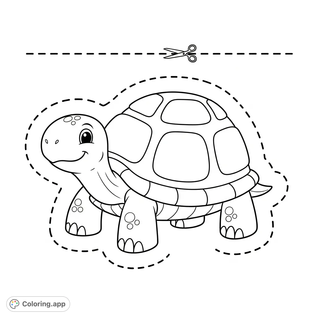A charming turtle ready for coloring and cutting, perfect for developing fine motor skills and creativity in young children ages 3-5.