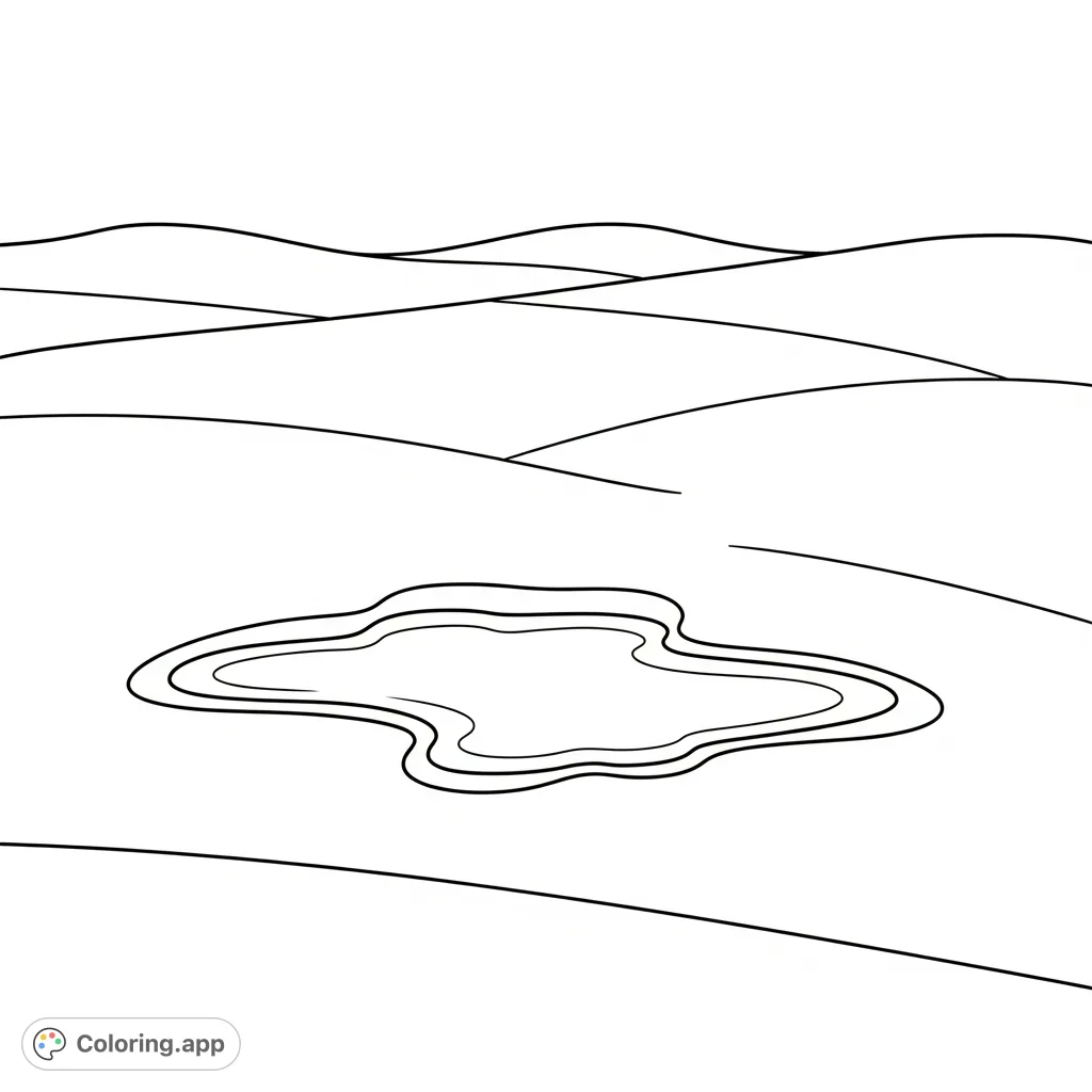A delightful farm ground coloring page for kids, featuring widely spaced landforms and a prominent, simple muddy puddle. Perfect for young artists to explore imagination.