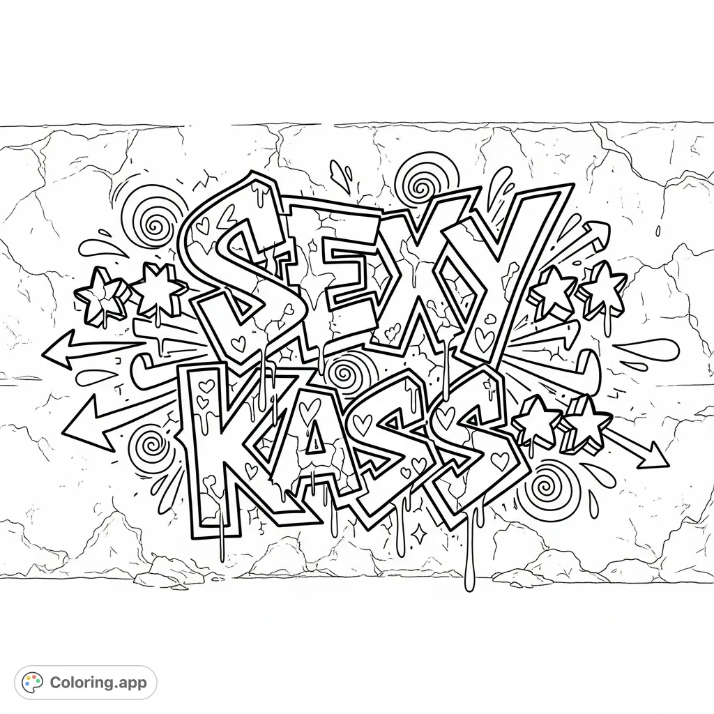Explore bold street art with this "SEXY Kass" graffiti coloring page. Features dynamic lettering, drips, and urban textures for a creative outlet.