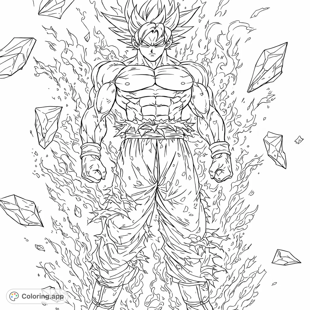 A powerful anime warrior stands amidst a swirling energy field and floating debris, ready for action. Unleash your creativity on this dynamic scene!