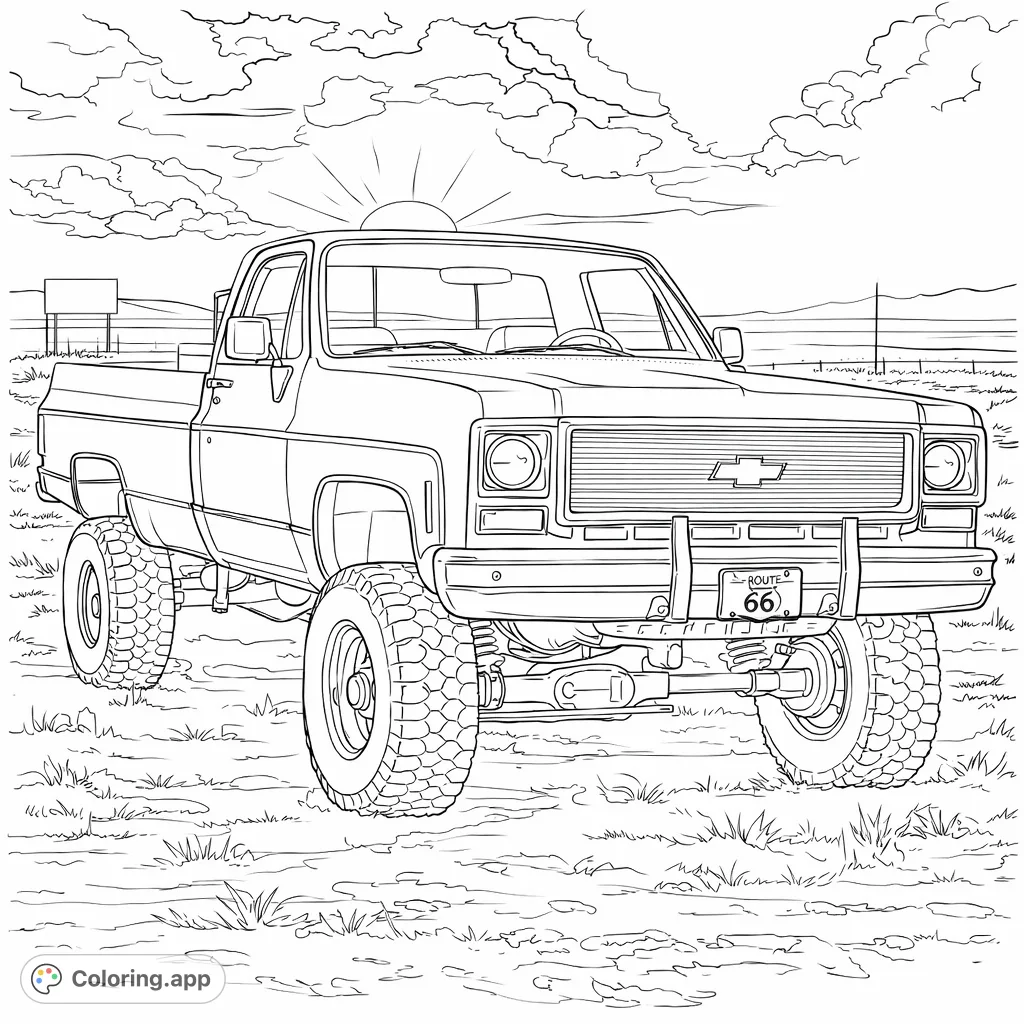 Color a classic lifted pickup truck parked in an expansive, rugged landscape under a dramatic sky. Perfect for vehicle enthusiasts and detailed coloring.