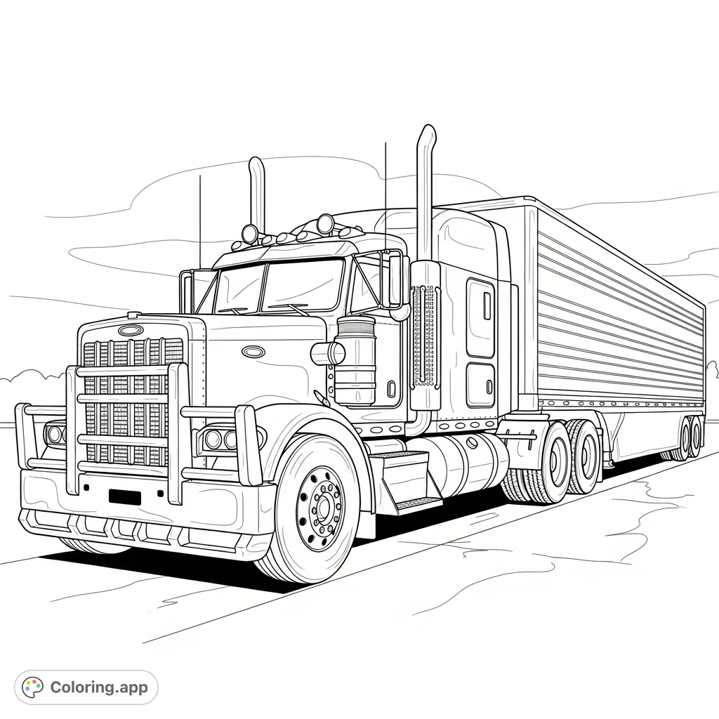 A detailed realistic semi-truck with a long trailer, featuring a prominent grille, large wheels, and exhaust stacks, ready for the open road.