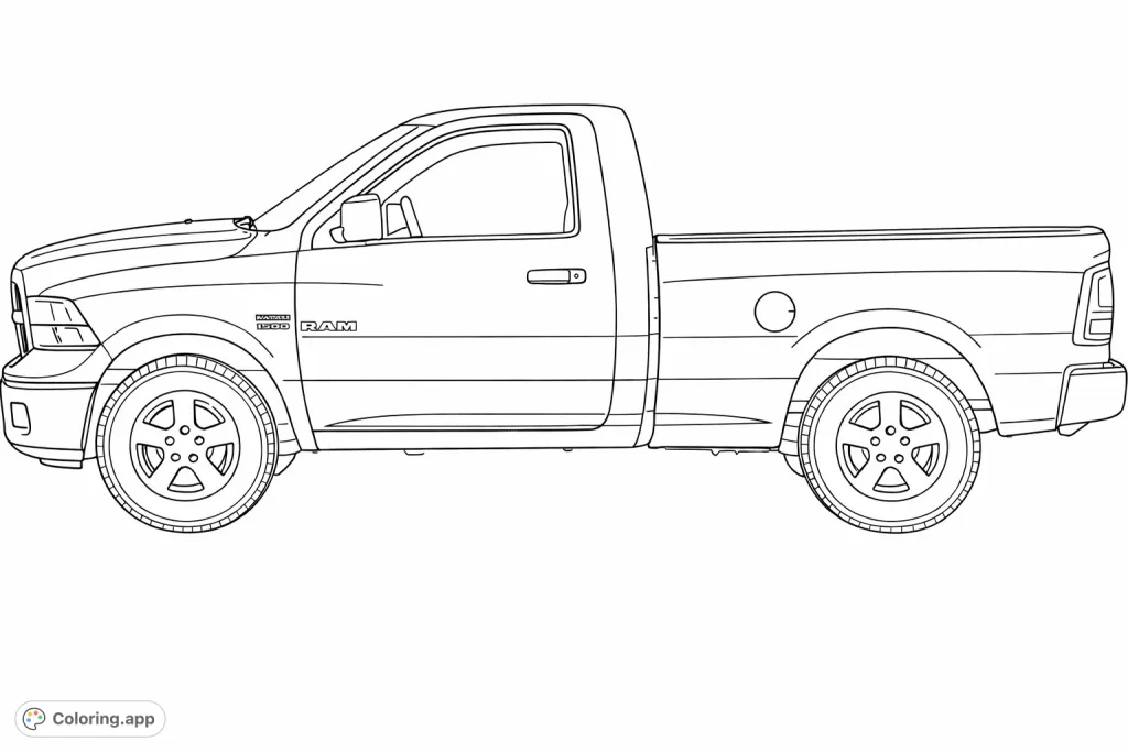 A detailed pickup truck coloring page, showcasing its side profile, wheels, and bed, perfect for vehicle enthusiasts and aspiring mechanics.