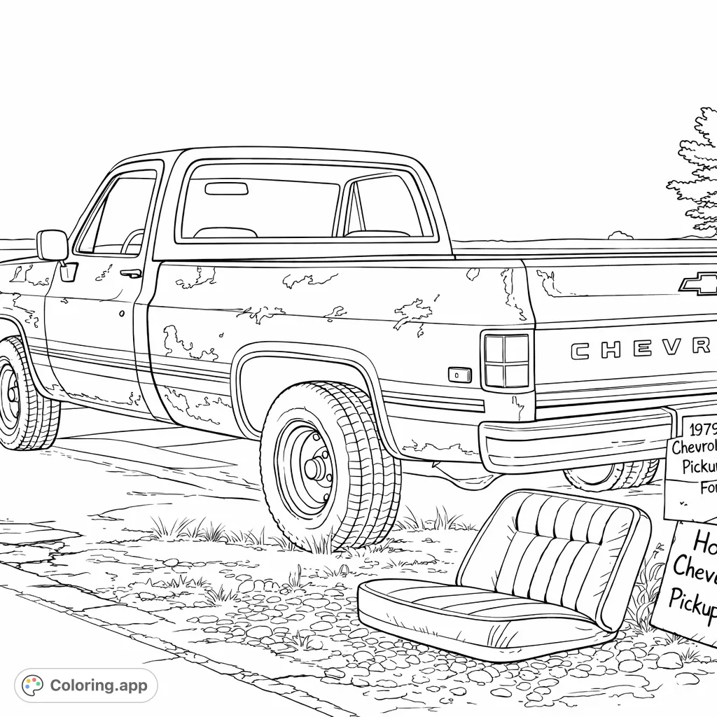 Explore a detailed vintage pickup truck resting roadside, with a weathered body, a discarded seat, and a distant field under a wide sky.