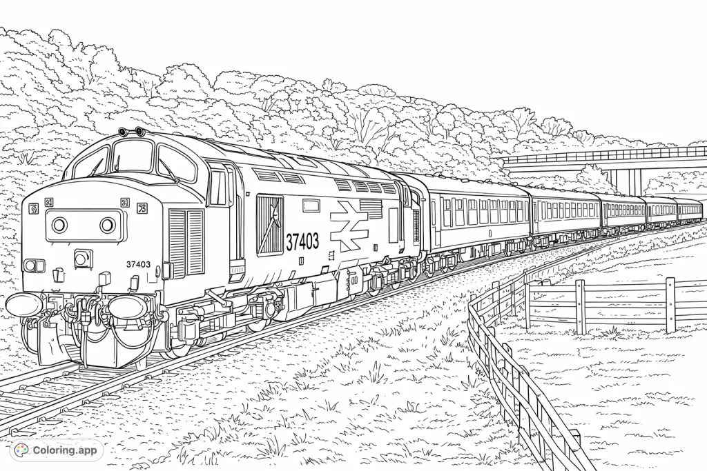 Embark on a scenic journey with a powerful locomotive pulling passenger carriages through a picturesque landscape, perfect for train enthusiasts and relaxation.