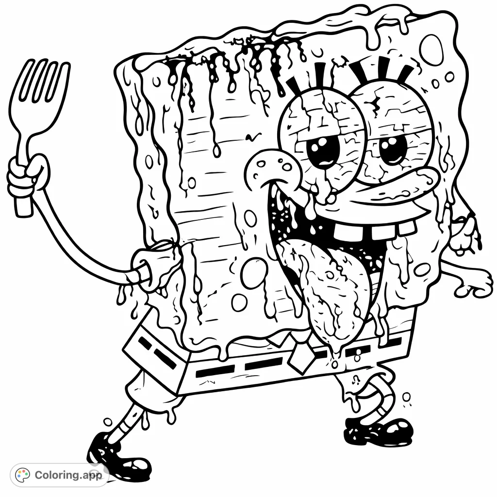 An unsettling glitch horror coloring page featuring a severely distorted, pixelated cartoon figure with fractured features, perfect for a unique challenge.