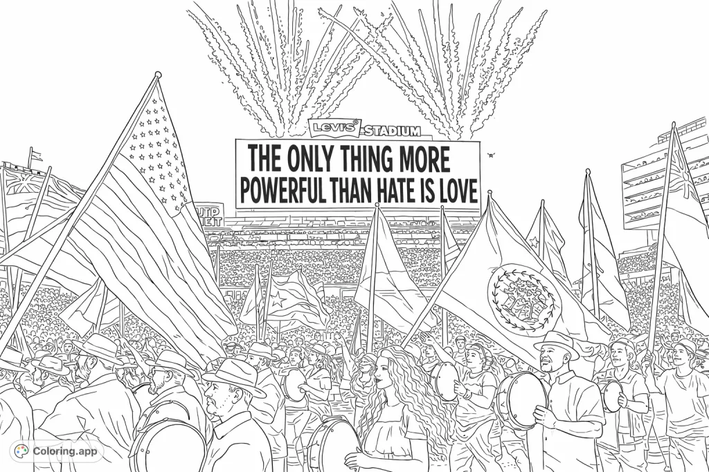 Celebrate unity with this vibrant coloring page featuring a parade of national flags, joyful participants, and a powerful message on a stadium scoreboard, all under a sky filled with fireworks.