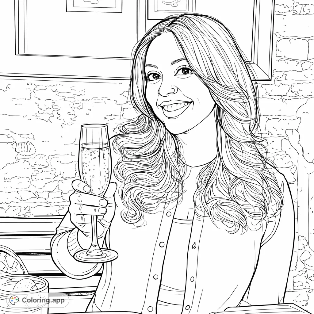 Capture a joyful moment with this detailed coloring page featuring a smiling woman holding a celebratory drink in a cozy setting. Perfect for relaxation!