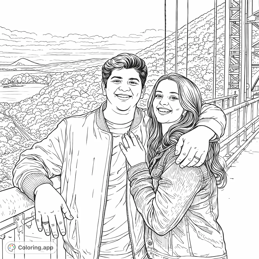 Capture the joy of a couple embracing on a bridge overlooking a beautiful landscape with this engaging coloring page. Perfect for celebrating connections!