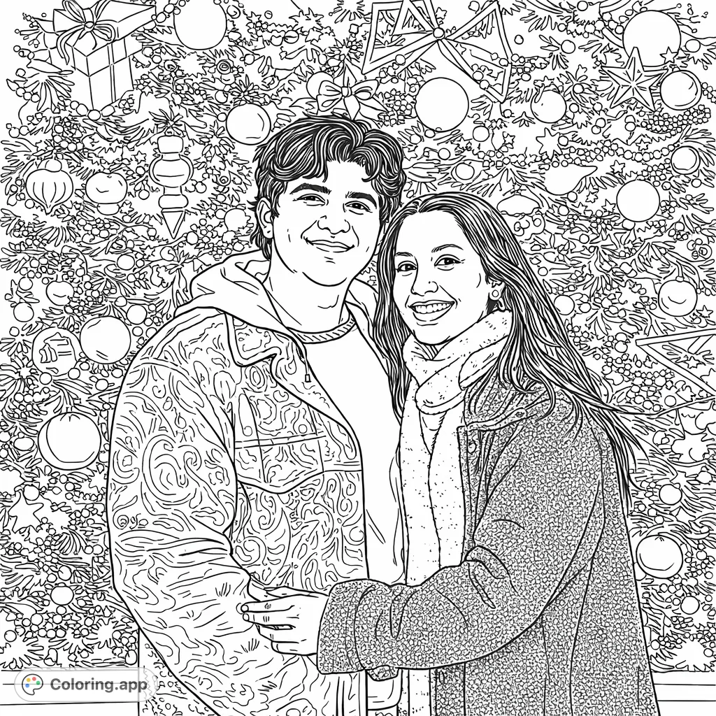 A heartwarming festive scene featuring a smiling couple embracing in front of a beautifully decorated evergreen tree. Perfect for celebrating special moments.