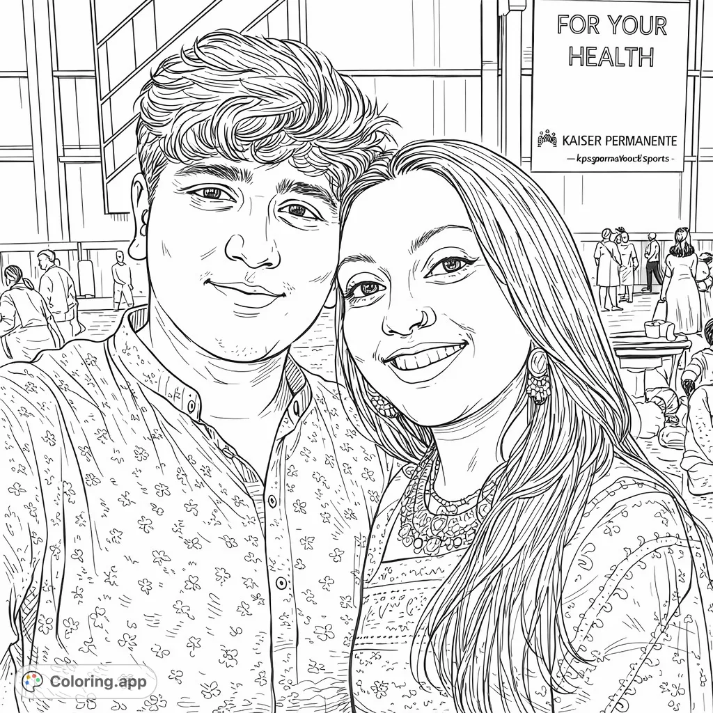 Capture the joyous connection of a couple in traditional attire at a festive gathering. This detailed portrait offers intricate patterns and warm smiles, perfect for creative expression.