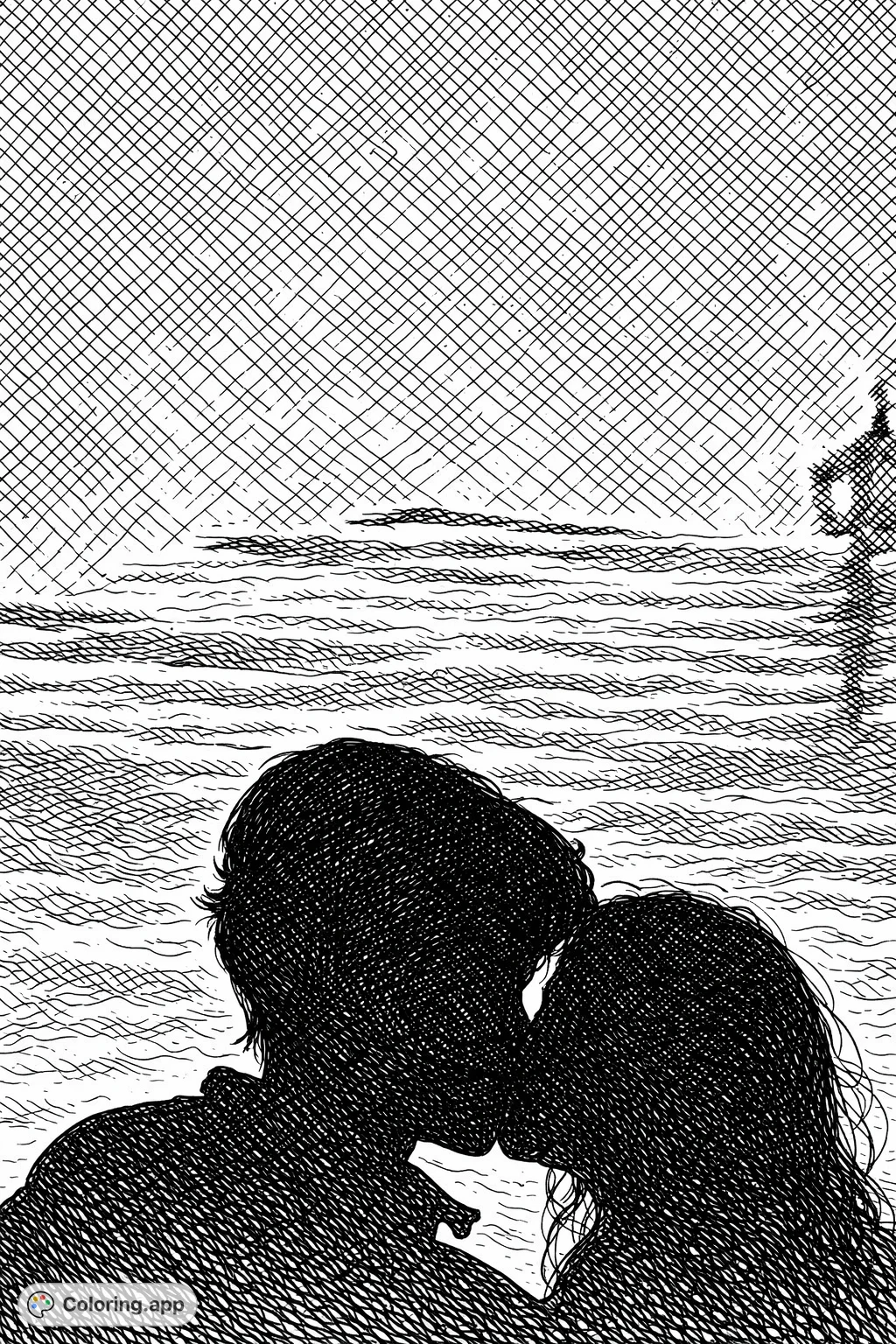 An intricate design of a couple sharing a tender kiss against a detailed backdrop of rolling waves and a distant shoreline, perfect for romantic art lovers.