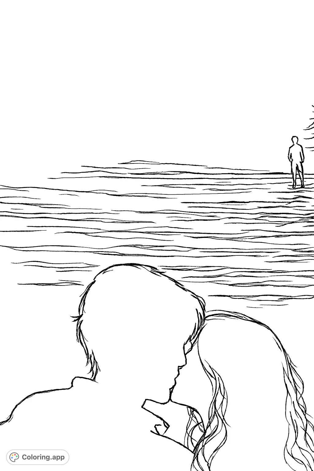Capture a tender moment with this romantic couple coloring page. Two figures share a silhouette kiss against a scenic background. Free printable.