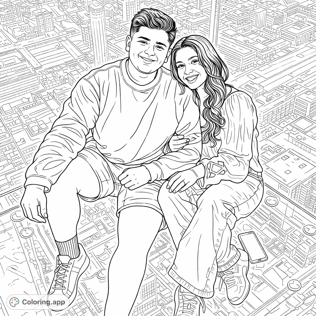 Soar above the cityscape with this unique coloring page featuring a couple on a transparent observation deck. A high-flying urban adventure awaits!