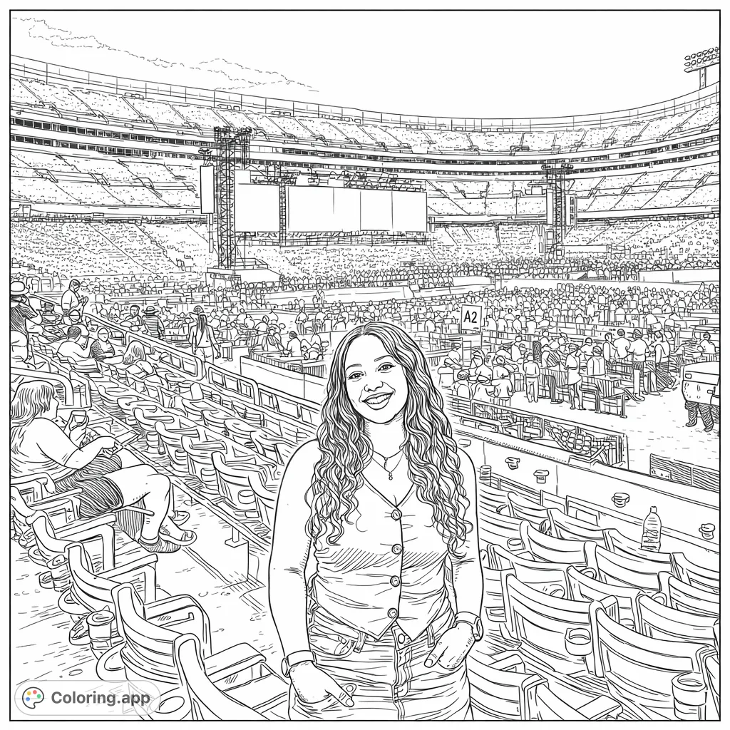 Dive into the excitement of a live event! This stadium event coloring page features a cheerful woman amidst a vibrant crowd, ready for a memorable experience.