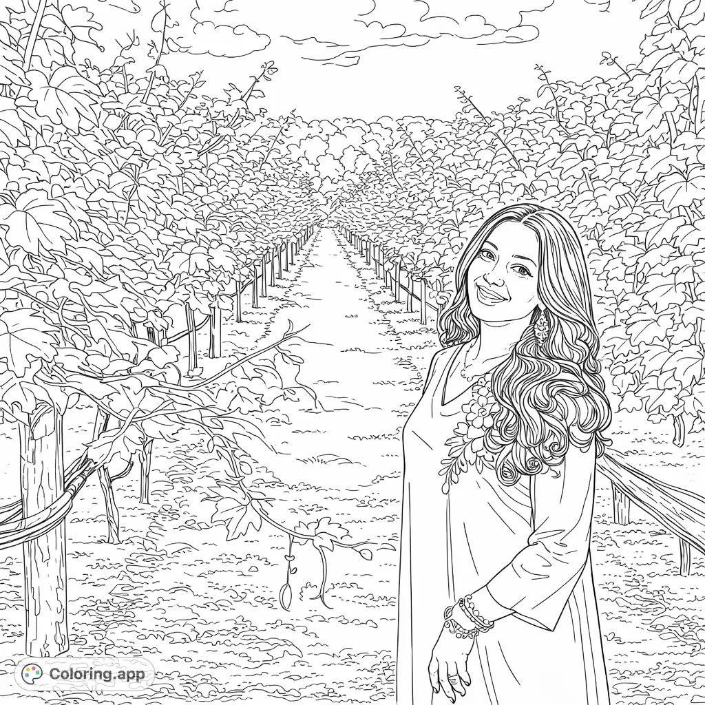 Color a graceful figure within a picturesque vineyard. Rows of intricate grapevines stretch towards a distant tree line under a cloudy sky. Perfect for nature enthusiasts.