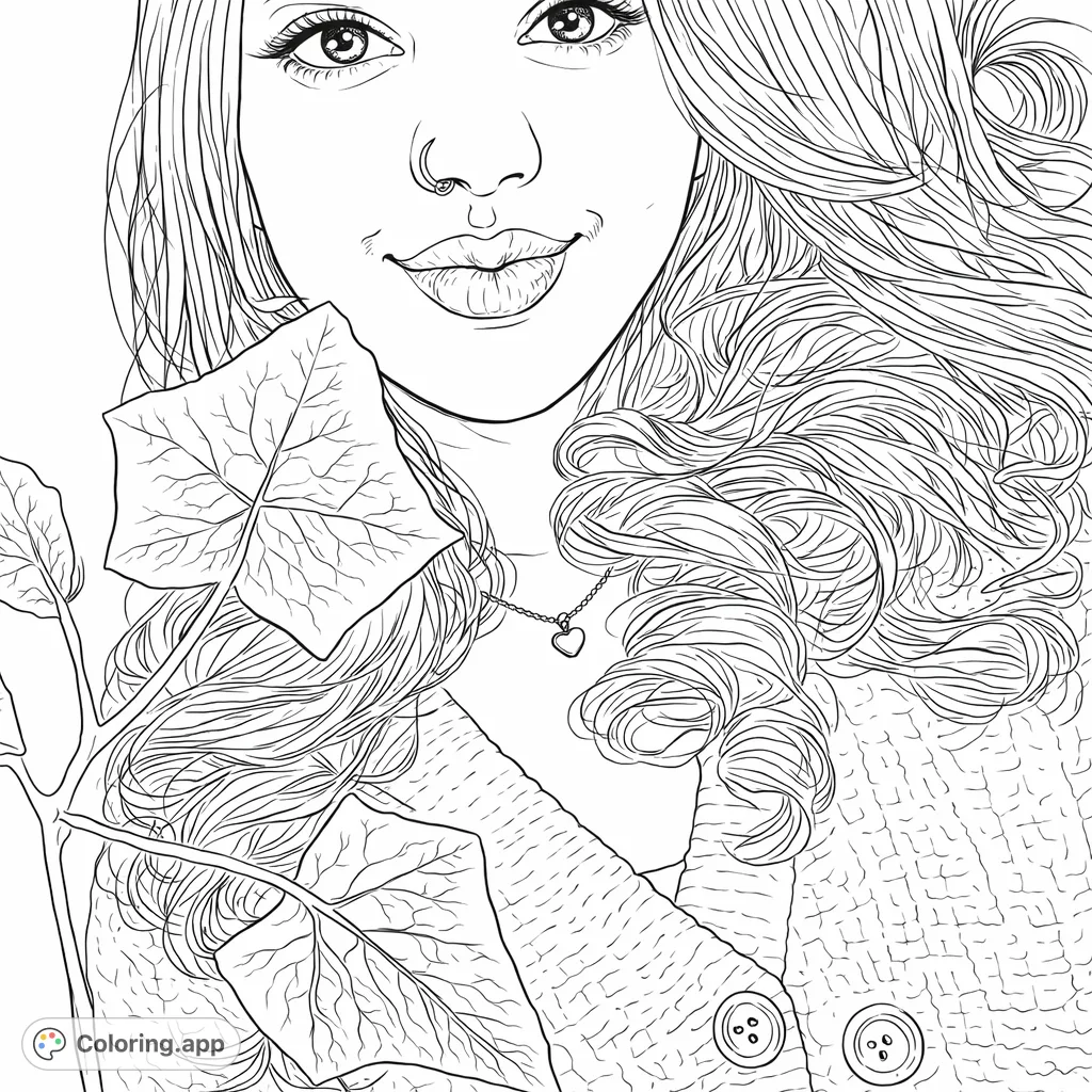 A realistic portrait coloring page featuring a woman with voluminous, wavy hair, a delicate necklace, and natural leaves in the foreground. A serene scene.
