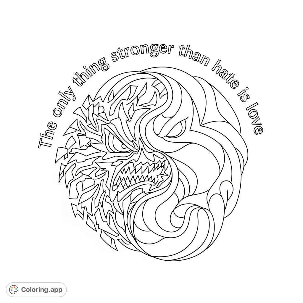 An inspiring abstract coloring page depicting love symbolically embracing and overpowering hate. Features the profound quote 'The only thing stronger than hate is love'.